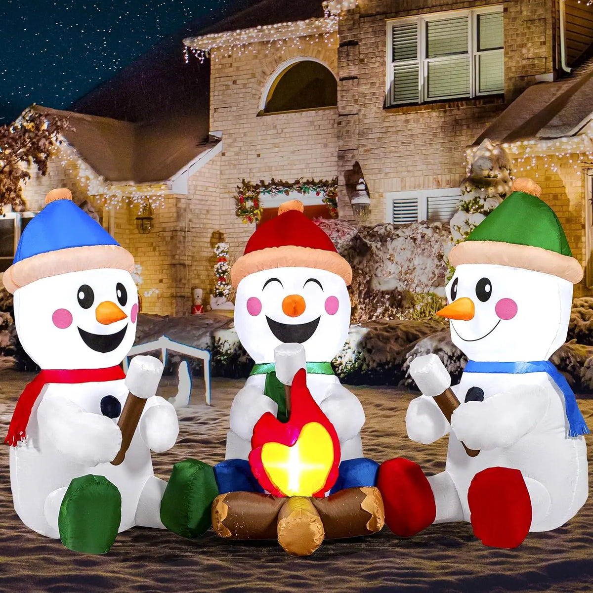 Snowmingle campfire design with three snowmen and a decorative pretend fire in a Christmas yard.