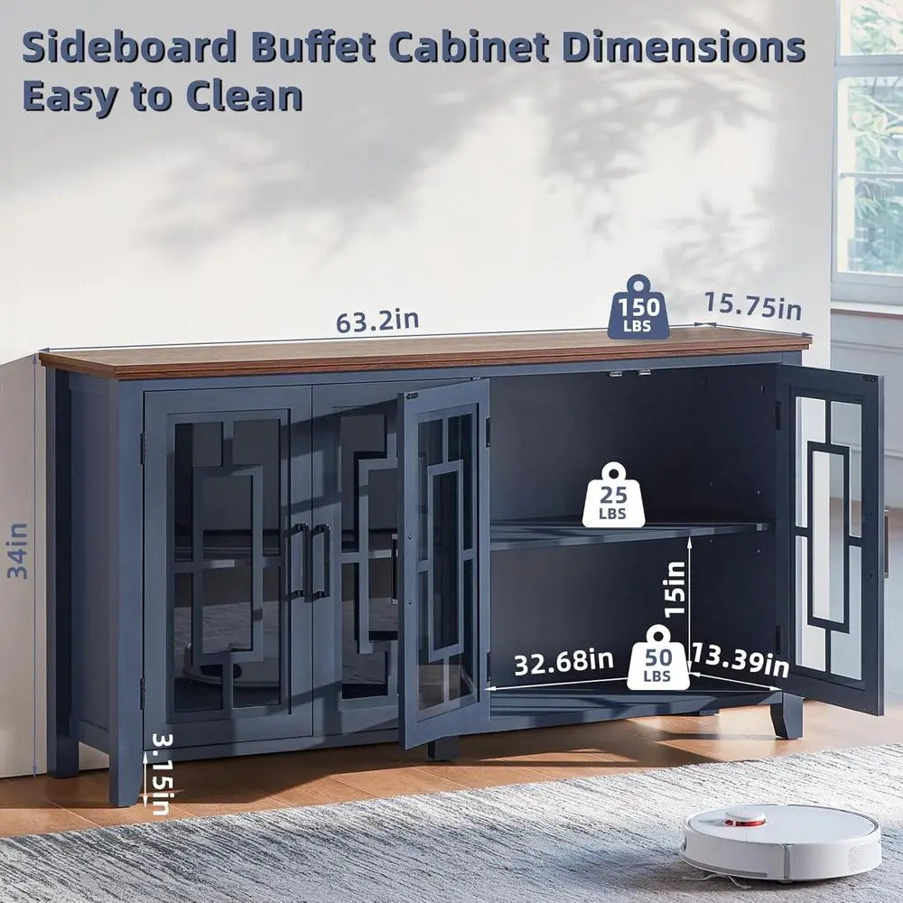 Sideboard buffet cabinet with dimensions and weight indicators in a room setting.