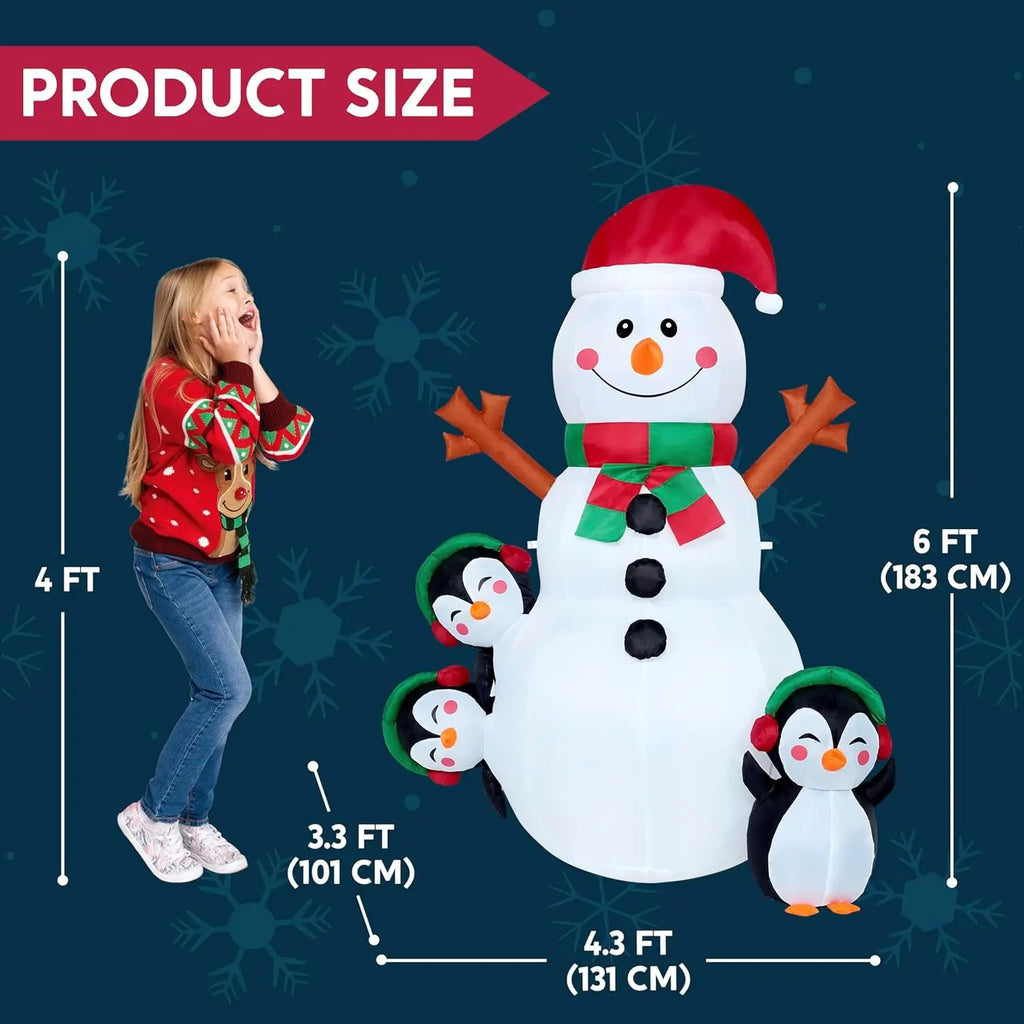 Snowlisse: Snowman inflatable dimensions showing 4.3 ft width, 3.3 ft depth and 6 ft height