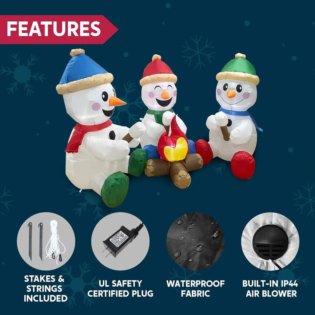 Snowmingle campfire inflatable fabric, built-in blower, power adapter, ground stakes and tether ropes.