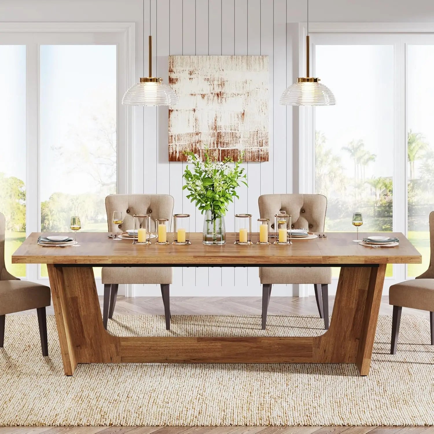 Rectangular Dining Table with Modern Trestle Base