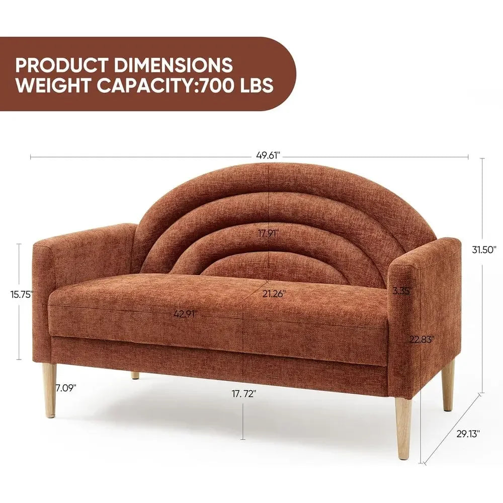 Ocherline two-seat curved loveseat dimension card with 49.61-inch width and detailed seat measurements