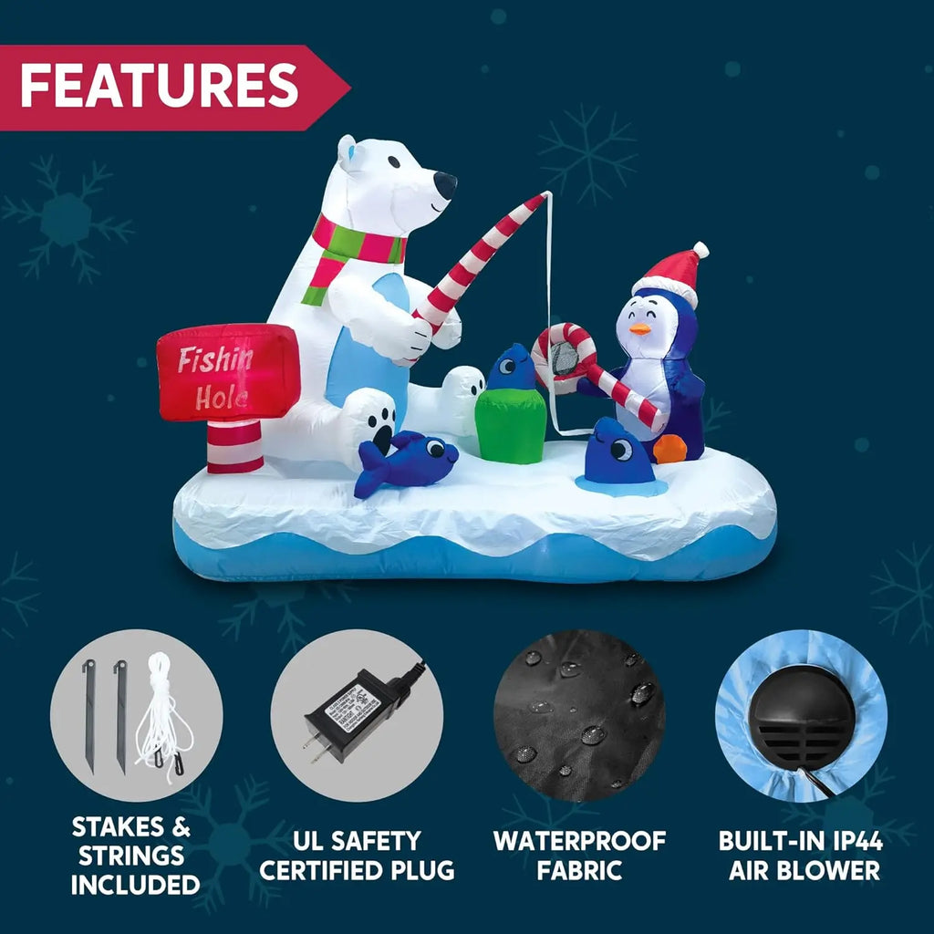 Frostfin inflatable fabric, built-in blower, power adapter and anchoring accessories.