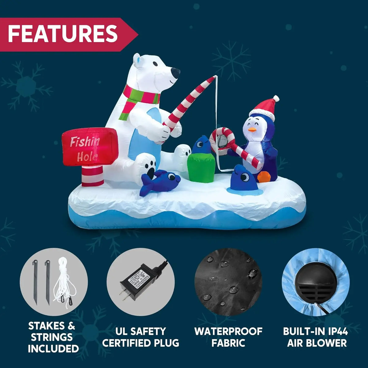 Frostfin inflatable fabric, built-in blower, power adapter and anchoring accessories.