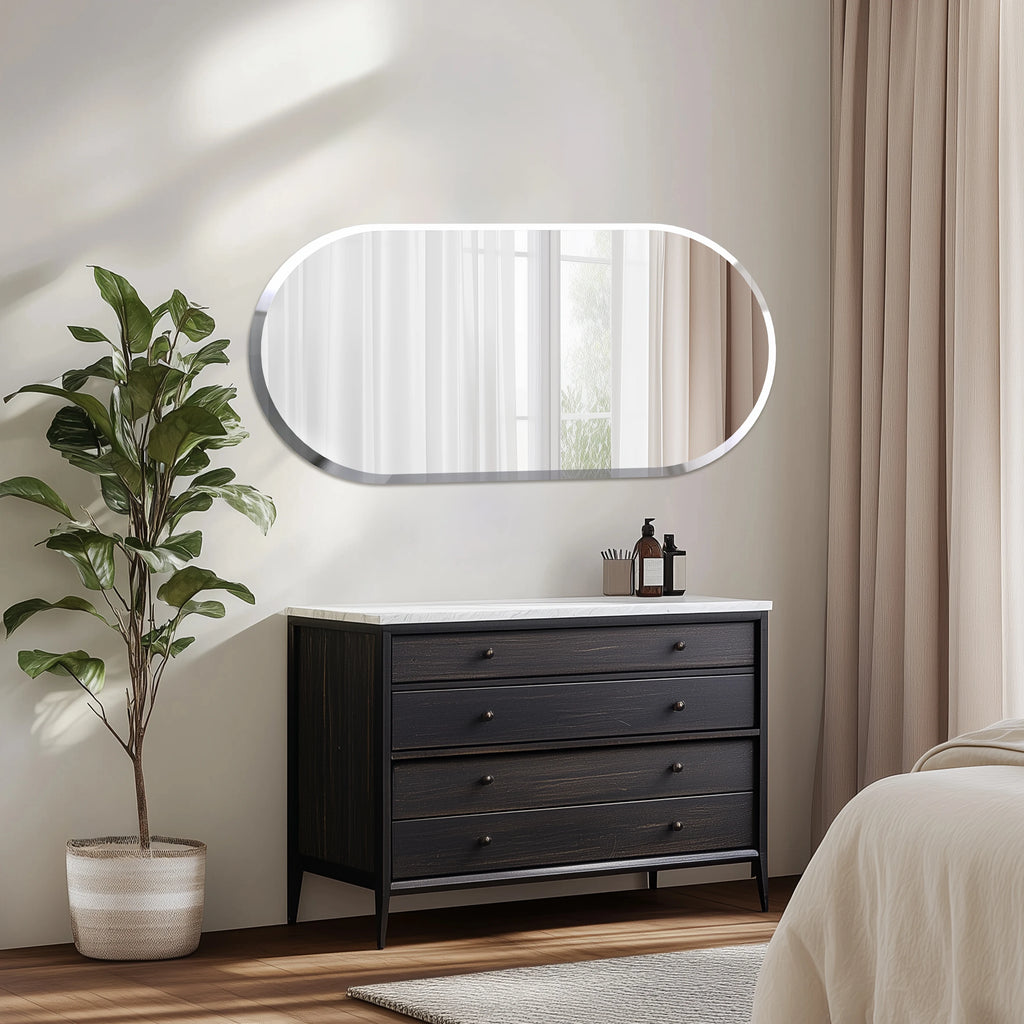 Frameless Beveled Oval Wall Mirror – Polished Silver Finish
