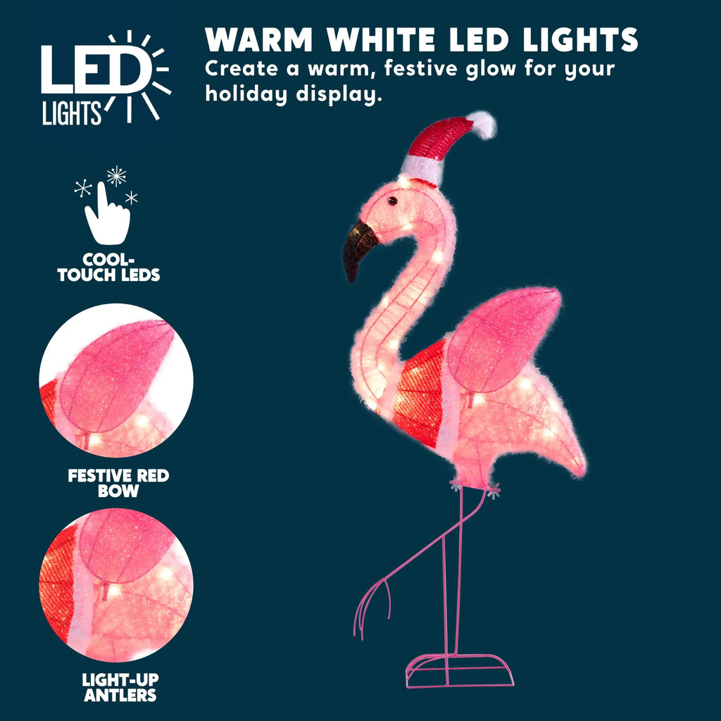 Rosalume warm-white lights and festive red accent on the pink flamingo decoration