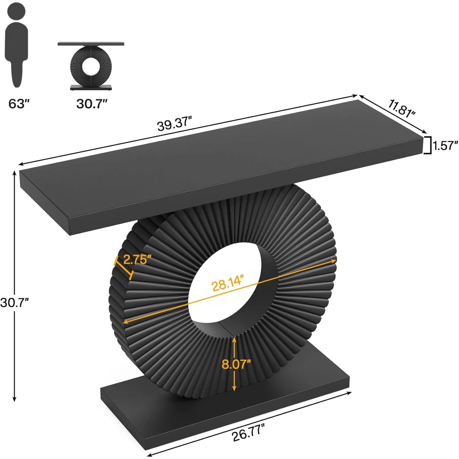 Black console table with measurements on a white background