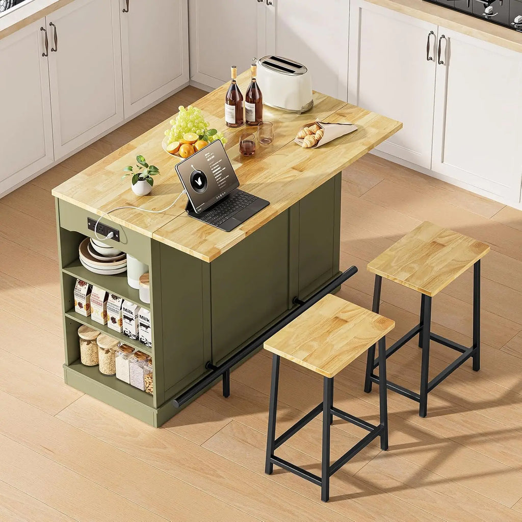 Sablecharm army green island with expanded top, side shelves, footrest and two stools