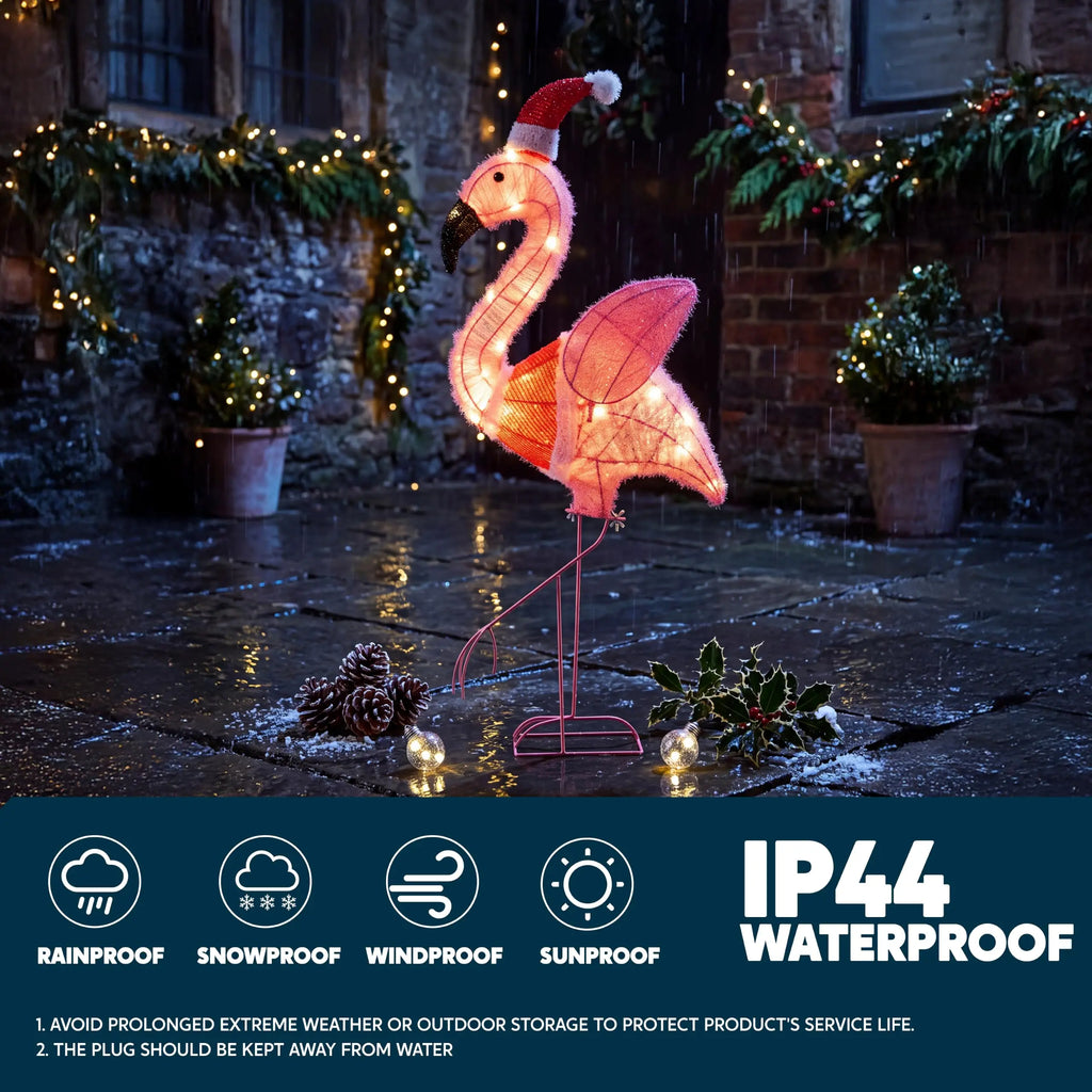 Rosalume pink flamingo display with precautions against prolonged extreme weather and wet plug connections