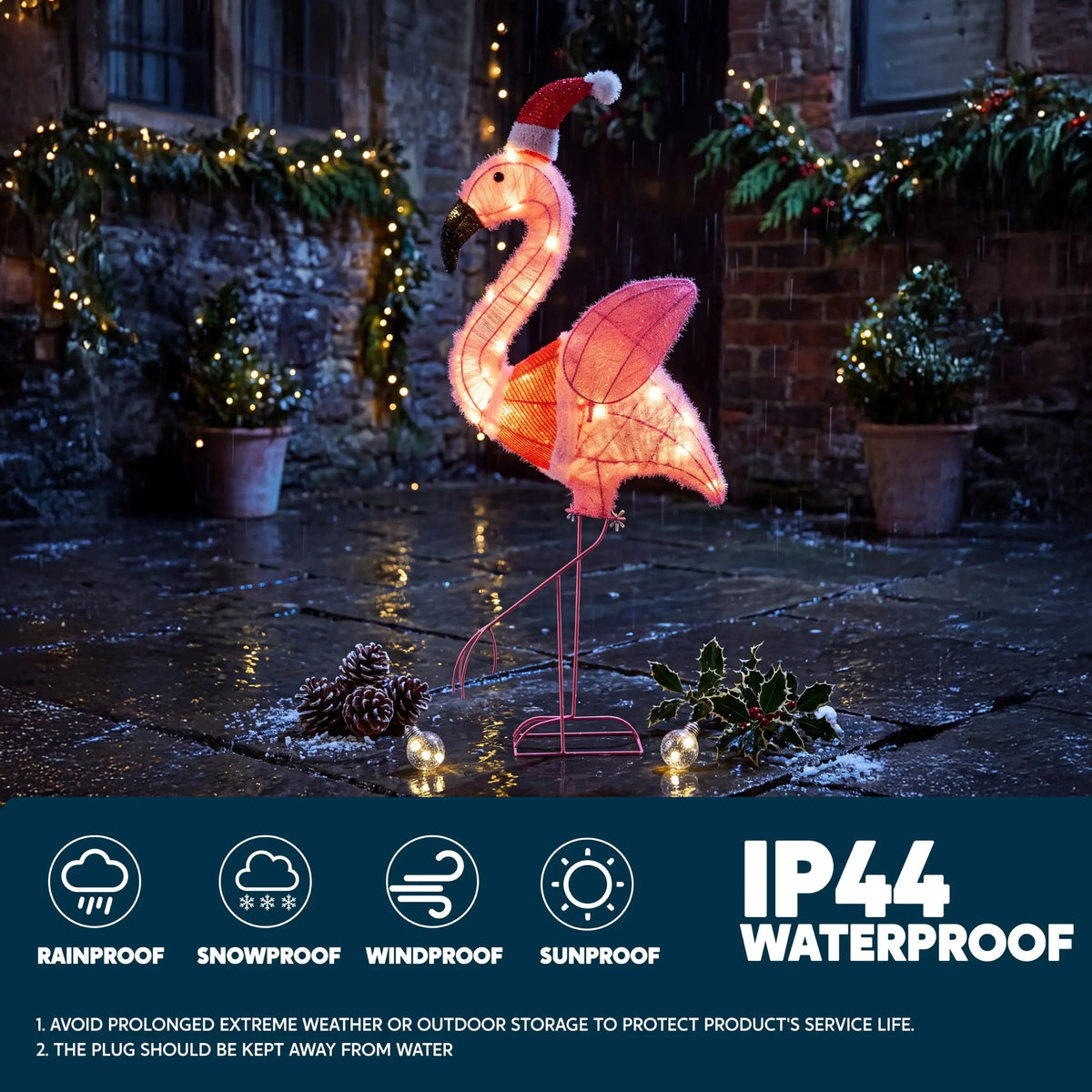 Rosalume pink flamingo display with precautions against prolonged extreme weather and wet plug connections