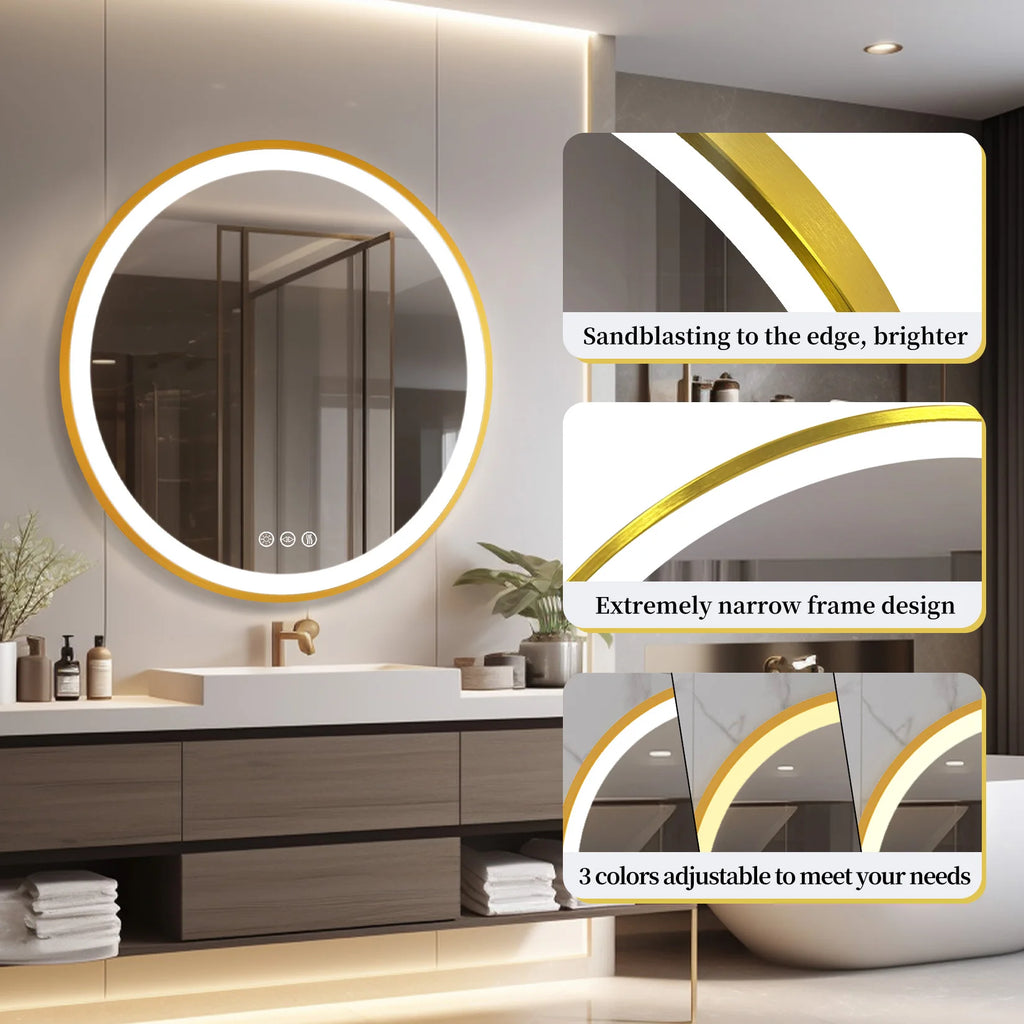 Round LED Bathroom Mirror – Gold Aluminum Frame, Anti-Fog