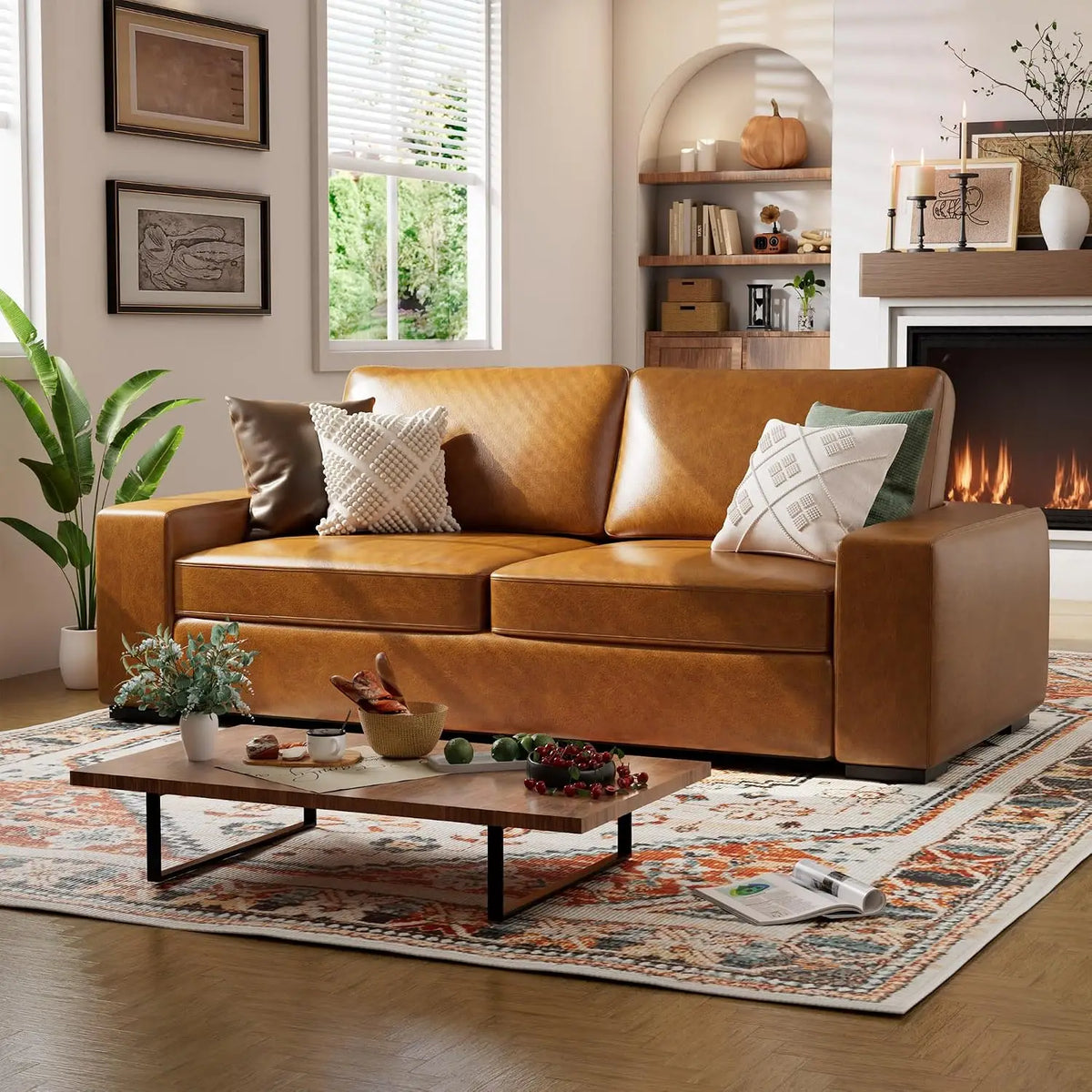 Elarwyn Brown sofa with smooth upholstery, two seat cushions, two back cushions, and square arms.
