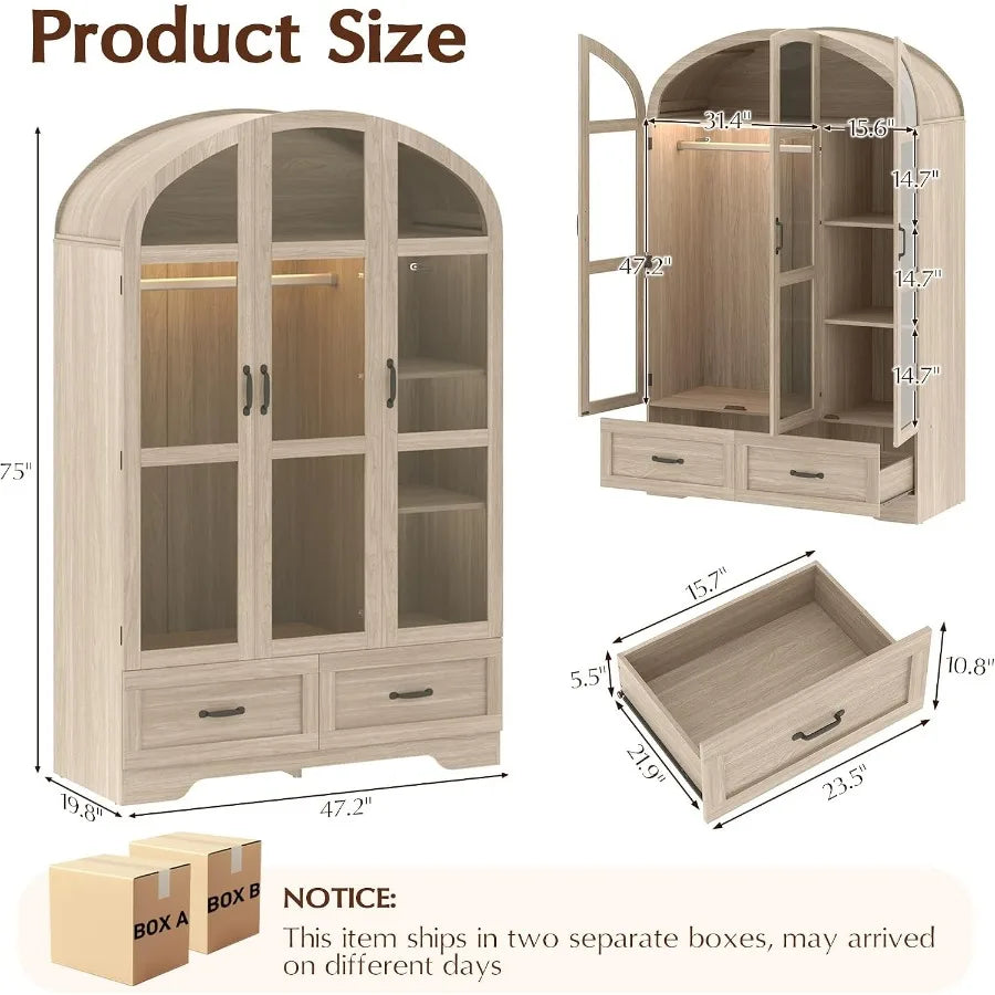 Wardrobe and drawer measurement panel with a notice that two boxes may arrive on different days.