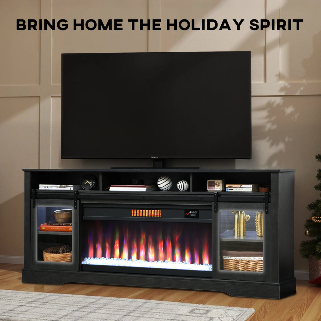 Threadveil fireplace console beneath a television with glass-front side storage.