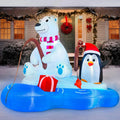 Frostcast polar bear and penguin fishing beside a red gift on a blue pond in a snowy Christmas yard.