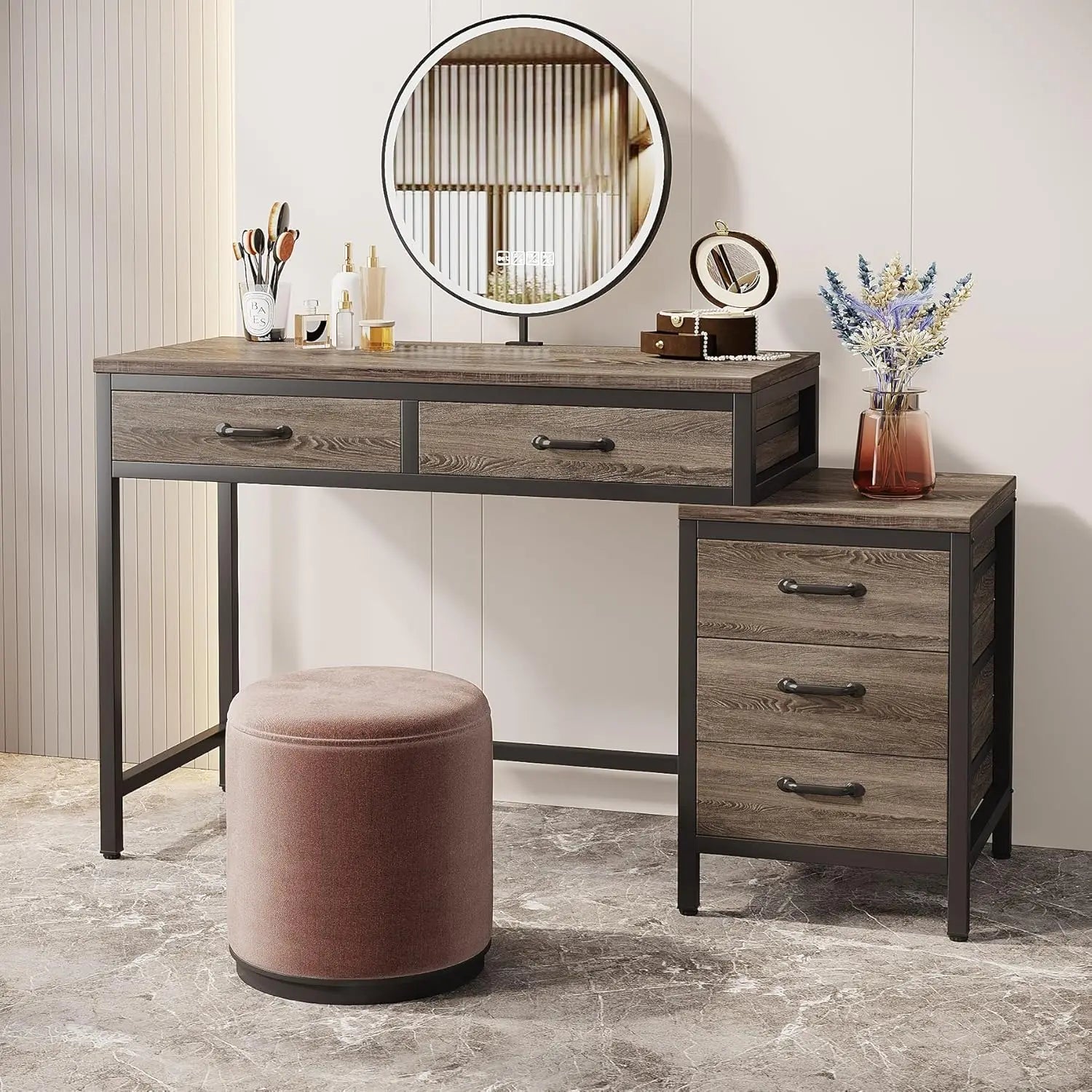 Rustic Industrial Vanity Desk with Drawer Storage