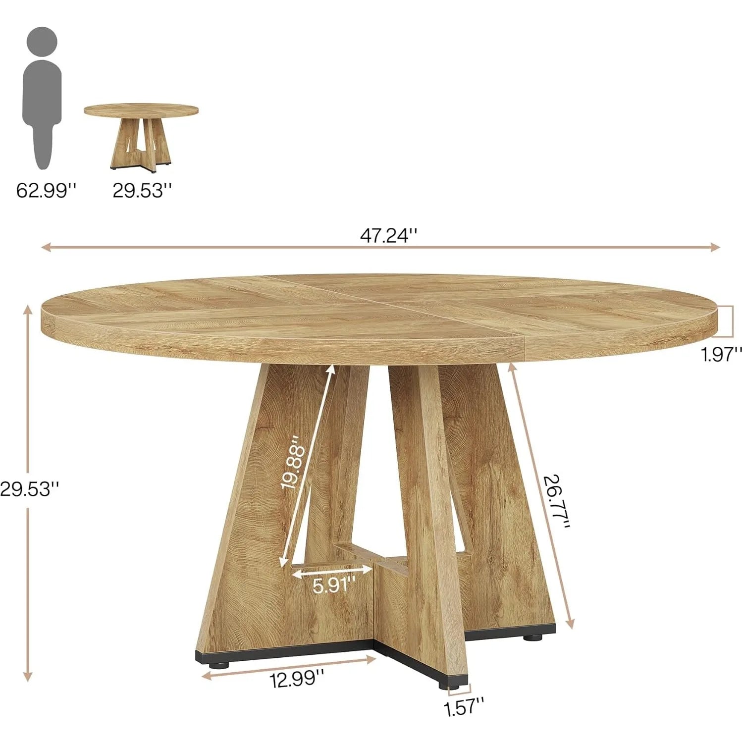 Wooden dining table with dimensions labeled on a white background