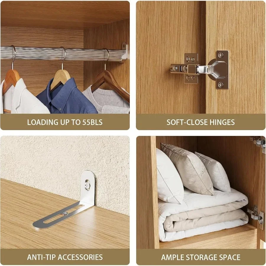 Hanging rail rated for 55 lbs with hinge and anti-tip hardware close-ups