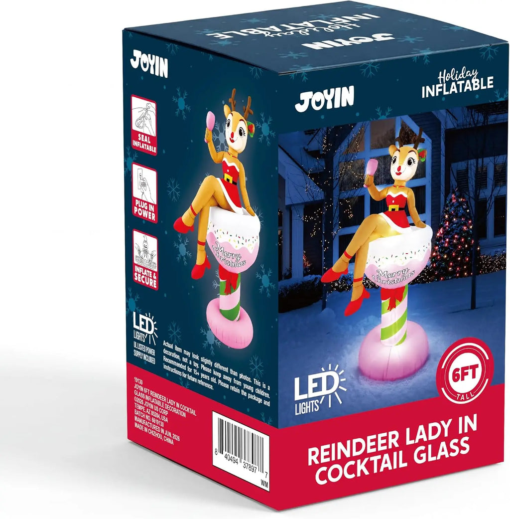 JOYIN packaging showing the reindeer-in-a-cocktail-glass Christmas inflatable design.