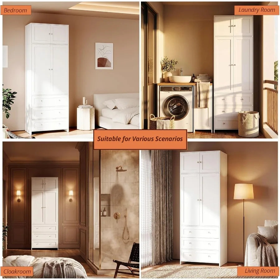 Four-room collage placing the same white wardrobe in bedroom, laundry, dressing and living spaces.