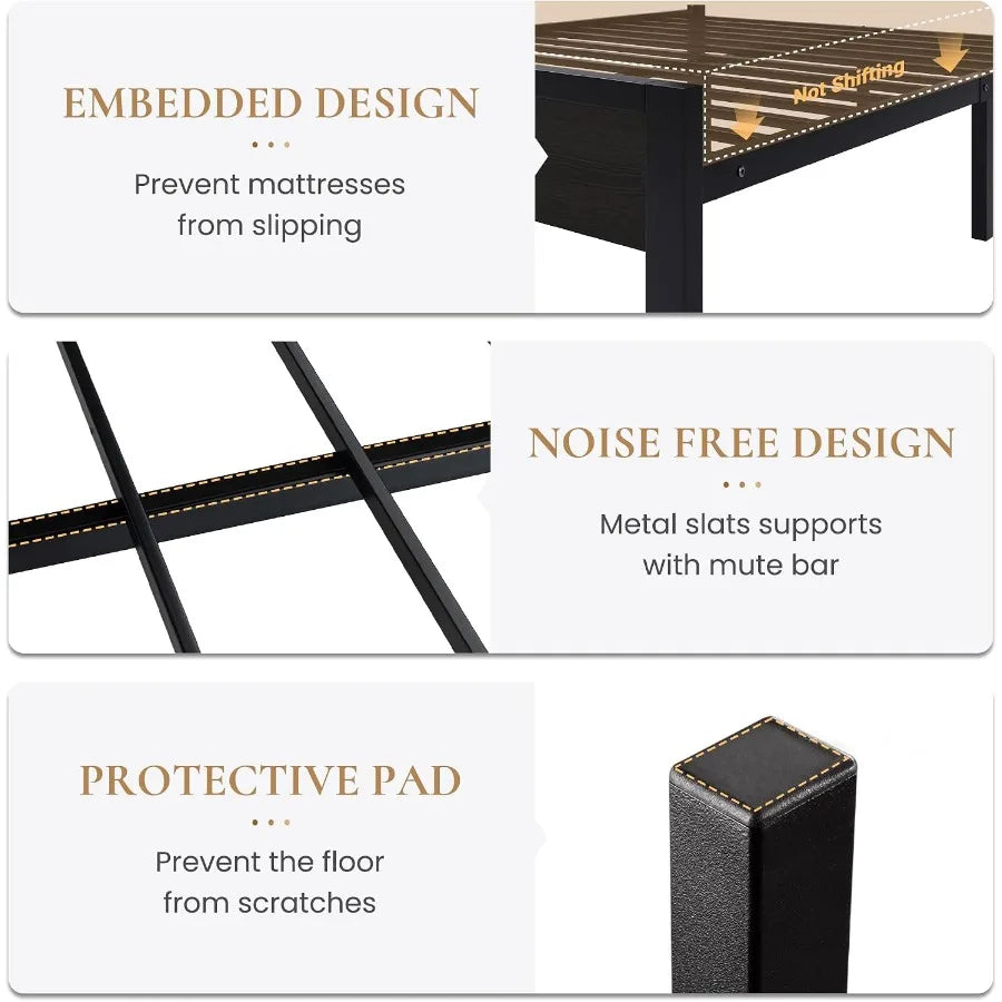 Inset mattress platform, cushioned metal slats and floor-pad detail panels