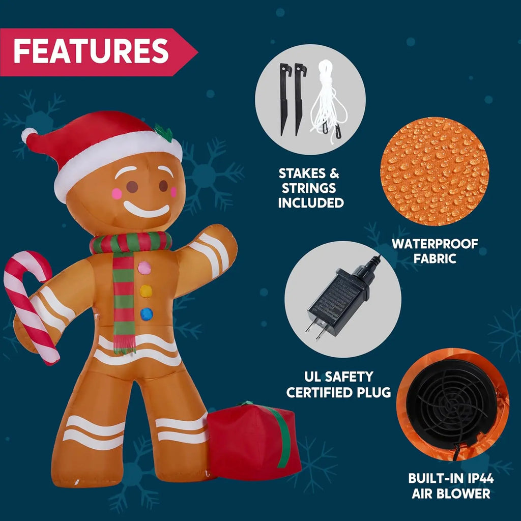 Gingerbelle gingerbread feature card with stakes, tether strings, plug-in adapter and built-in blower