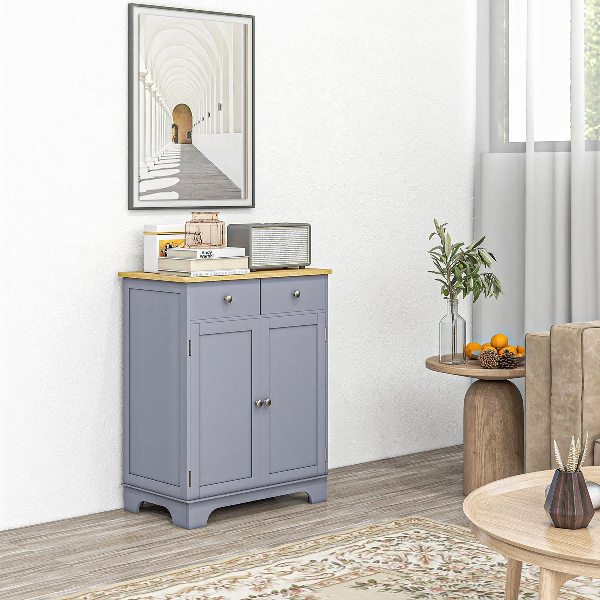 Threadhalo gray cabinet with two drawers, two paneled doors and a natural wood-tone top