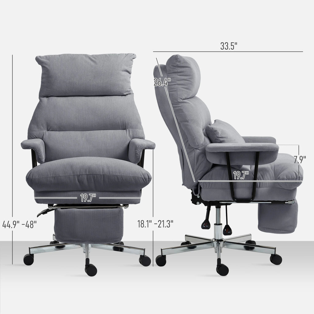 Front and side chair dimension diagram showing adjustable overall and seat heights, seat measurements and depth with the footrest folded.
