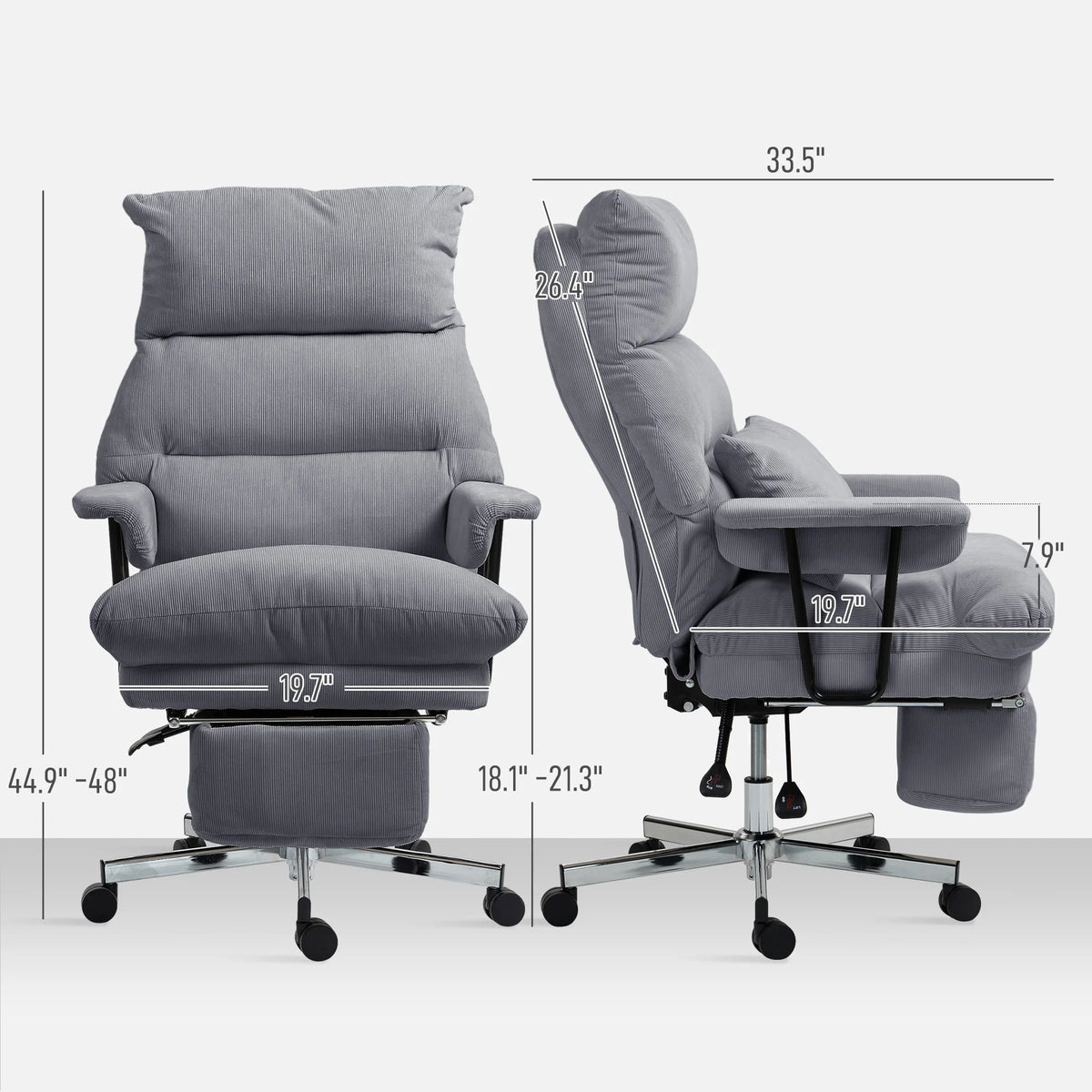 Front and side chair dimension diagram showing adjustable overall and seat heights, seat measurements and depth with the footrest folded.