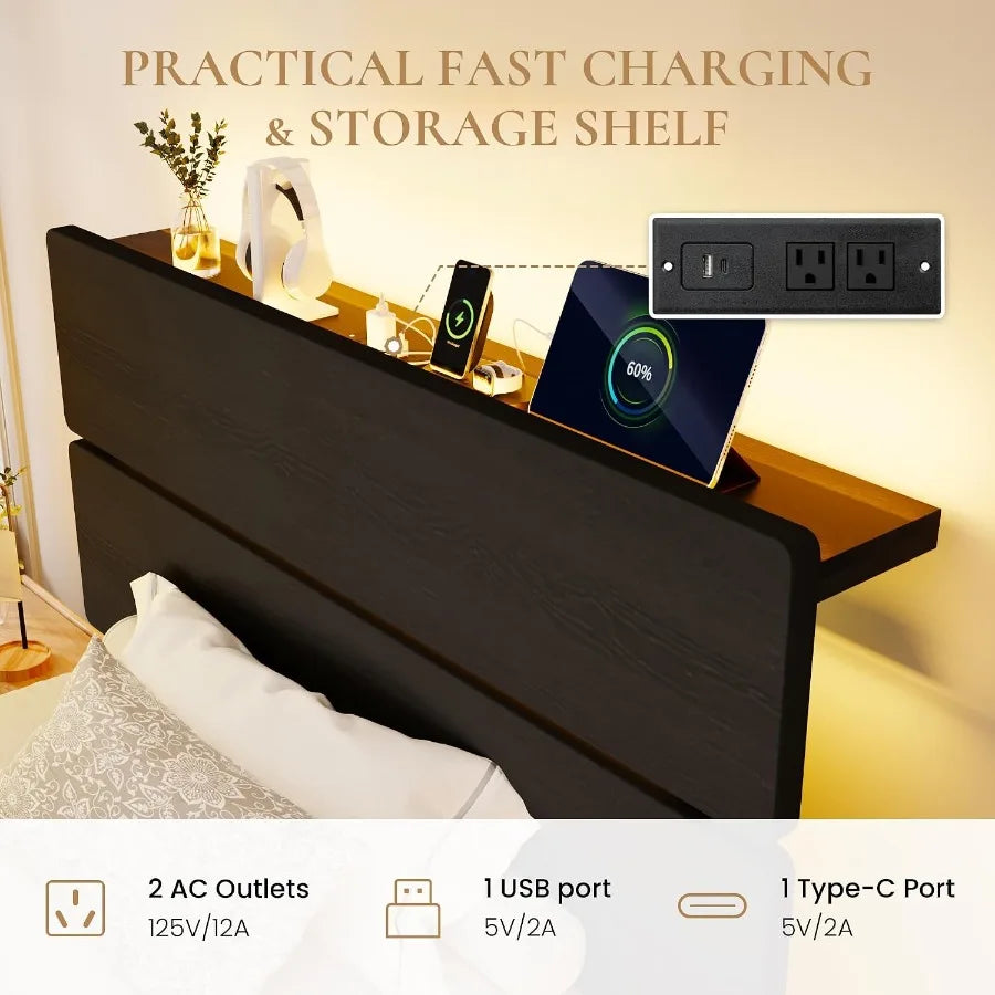 Close-up of the shelf behind the two-panel headboard and integrated charging ports