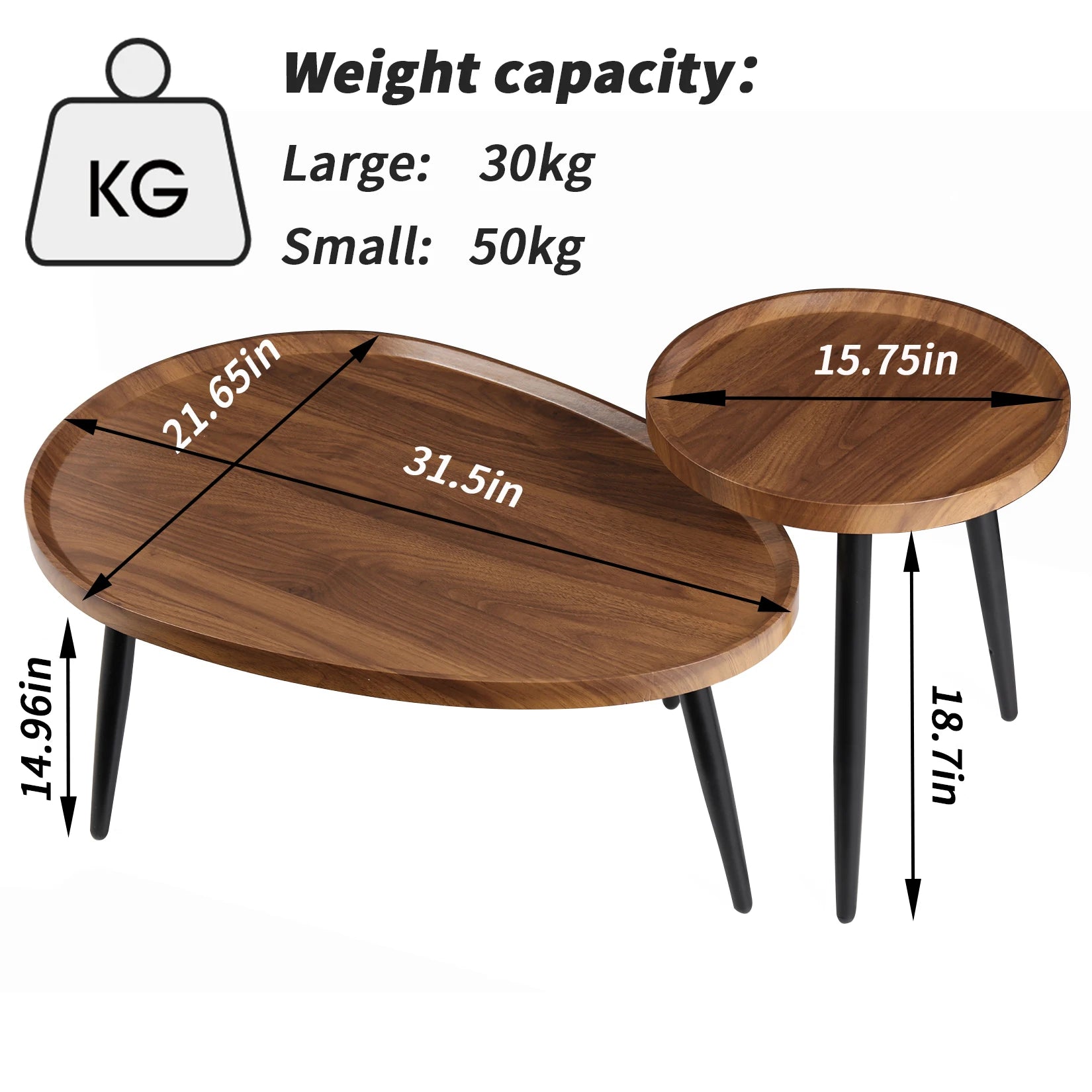 Wooden coffee table with dimensions and weight capacity information on a white background