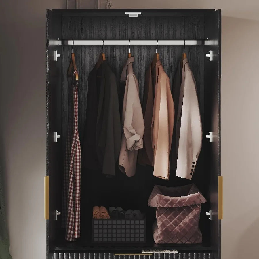 Close-up of hanging rail inside black wardrobe