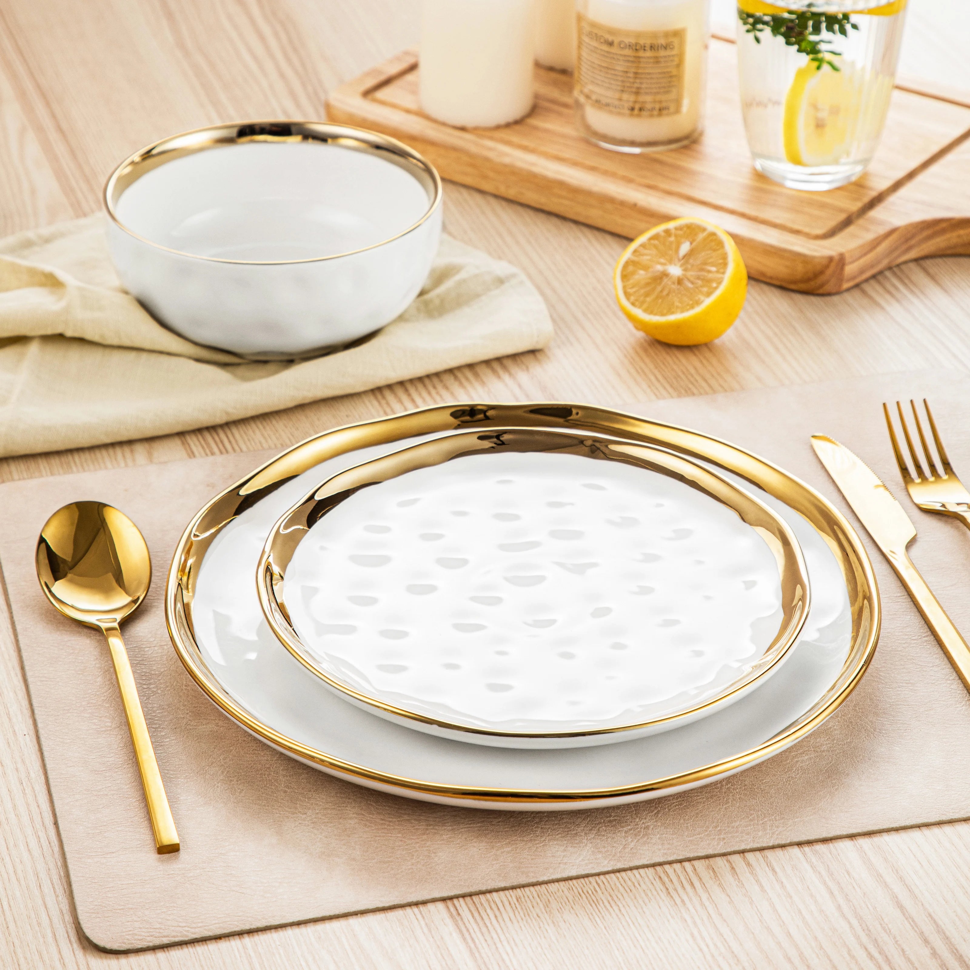 LOVECASA 12-Piece Hammered Dinnerware Set with Gold Trim