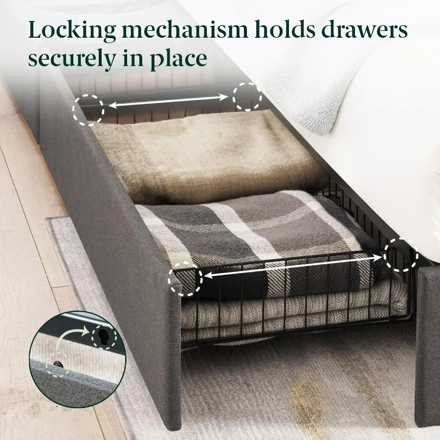 Drawer retention graphic showing how the storage basket attaches beneath the side rail.