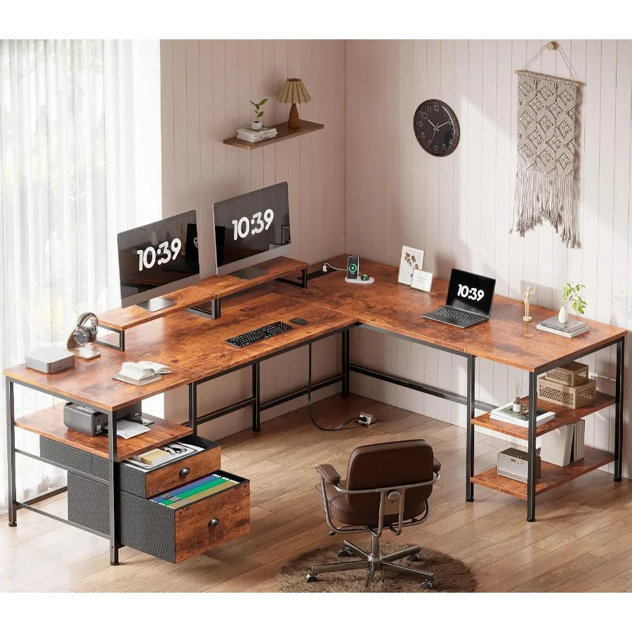 Rustic brown home-office desk with paired monitor stands and file storage