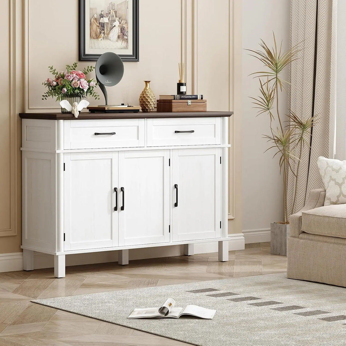 Ivory Reedhalo sideboard with a brown top, two drawers and three doors in a living room