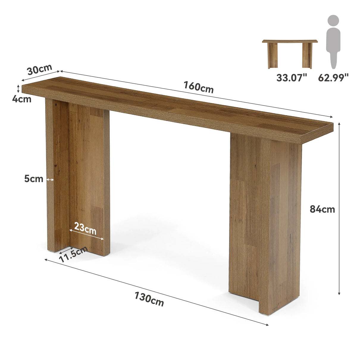 Console table dimension diagram showing overall measurements, tabletop thickness and support-panel measurements.