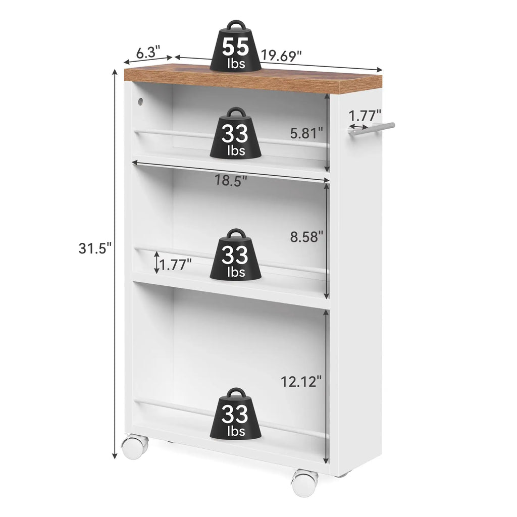 White metal cart with wheels and measurement labels on a white background
