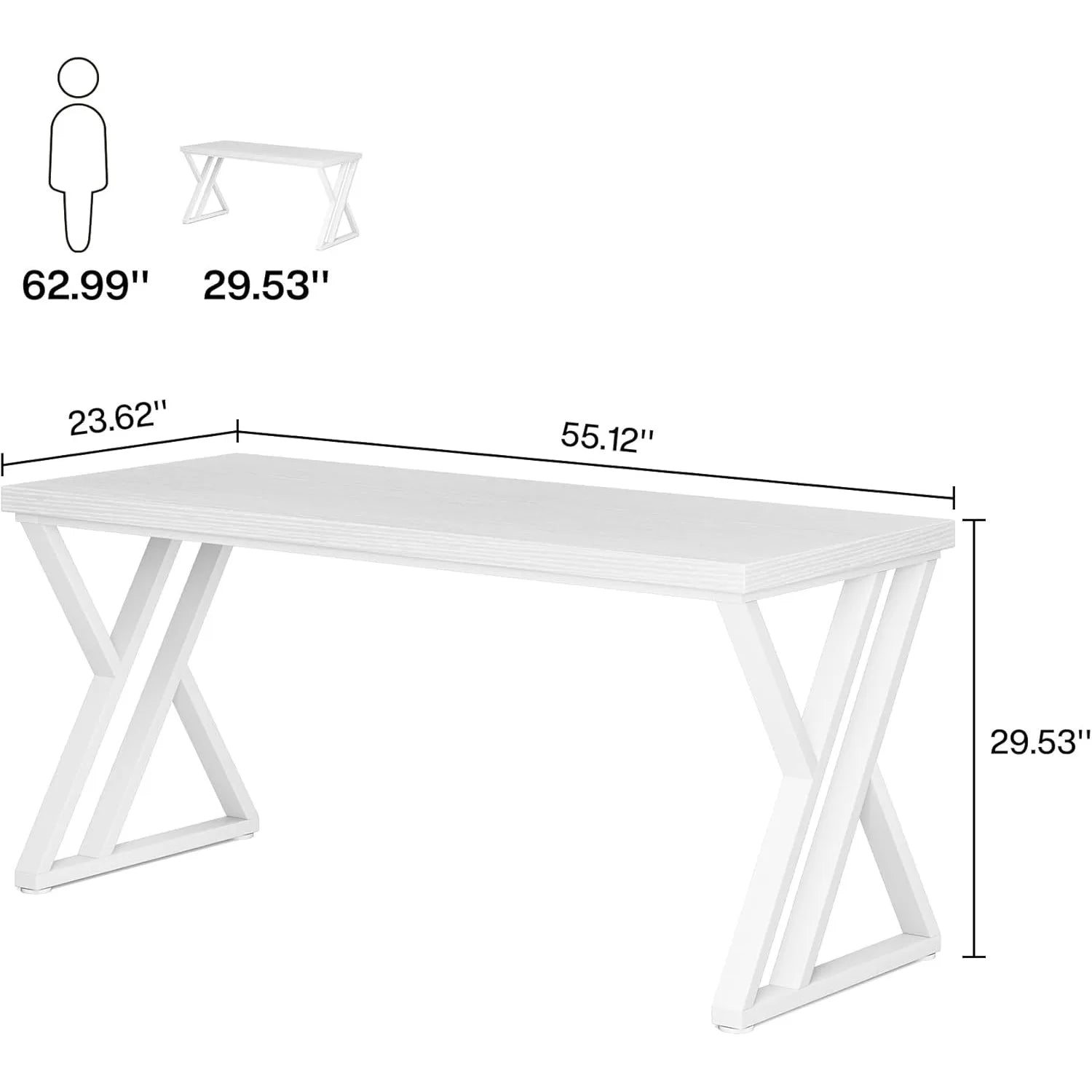White desk with dimensions indicated on a white background