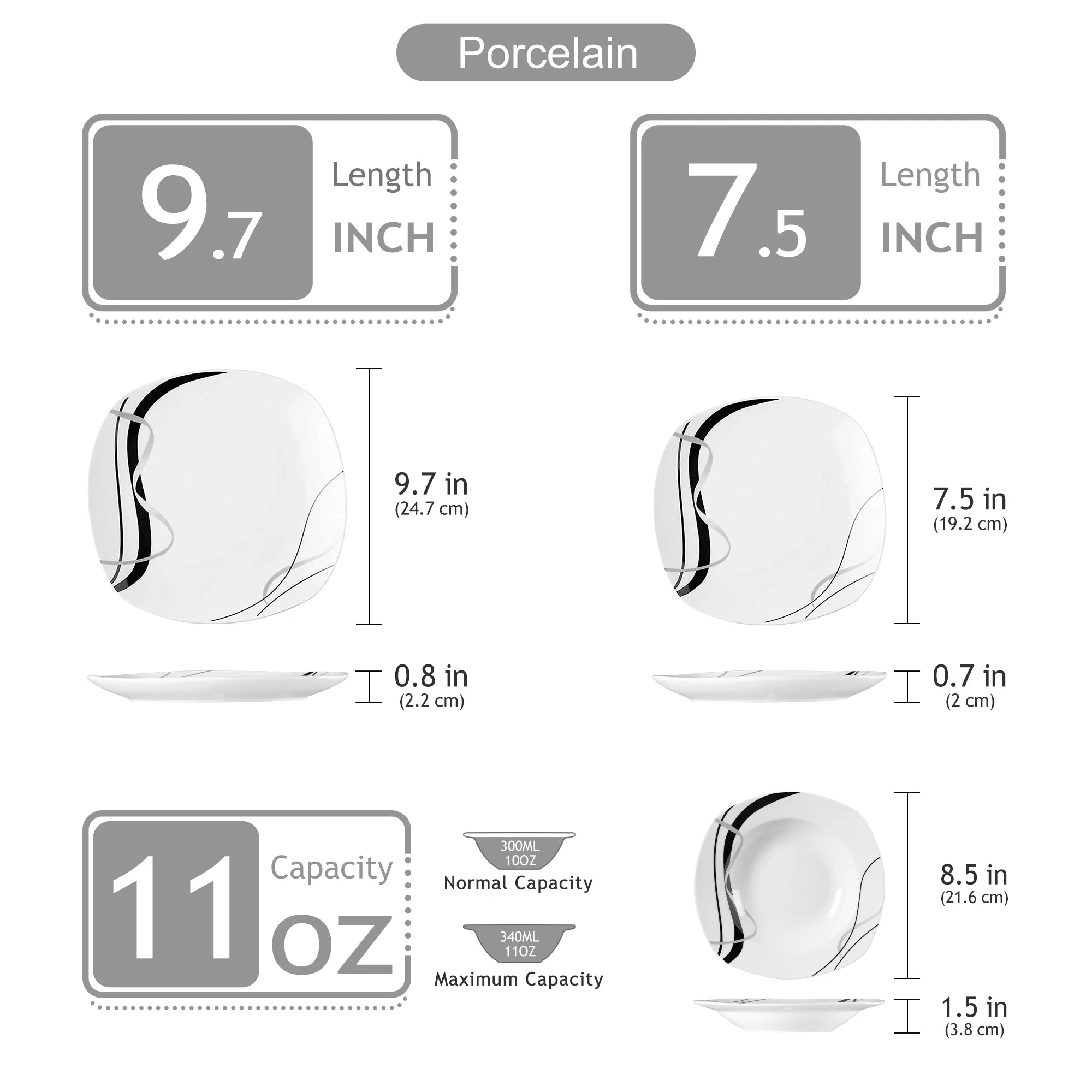 VEWEET Fiona Porcelain Dinnerware Set – 18/36 Pieces, Gray & Black Lines