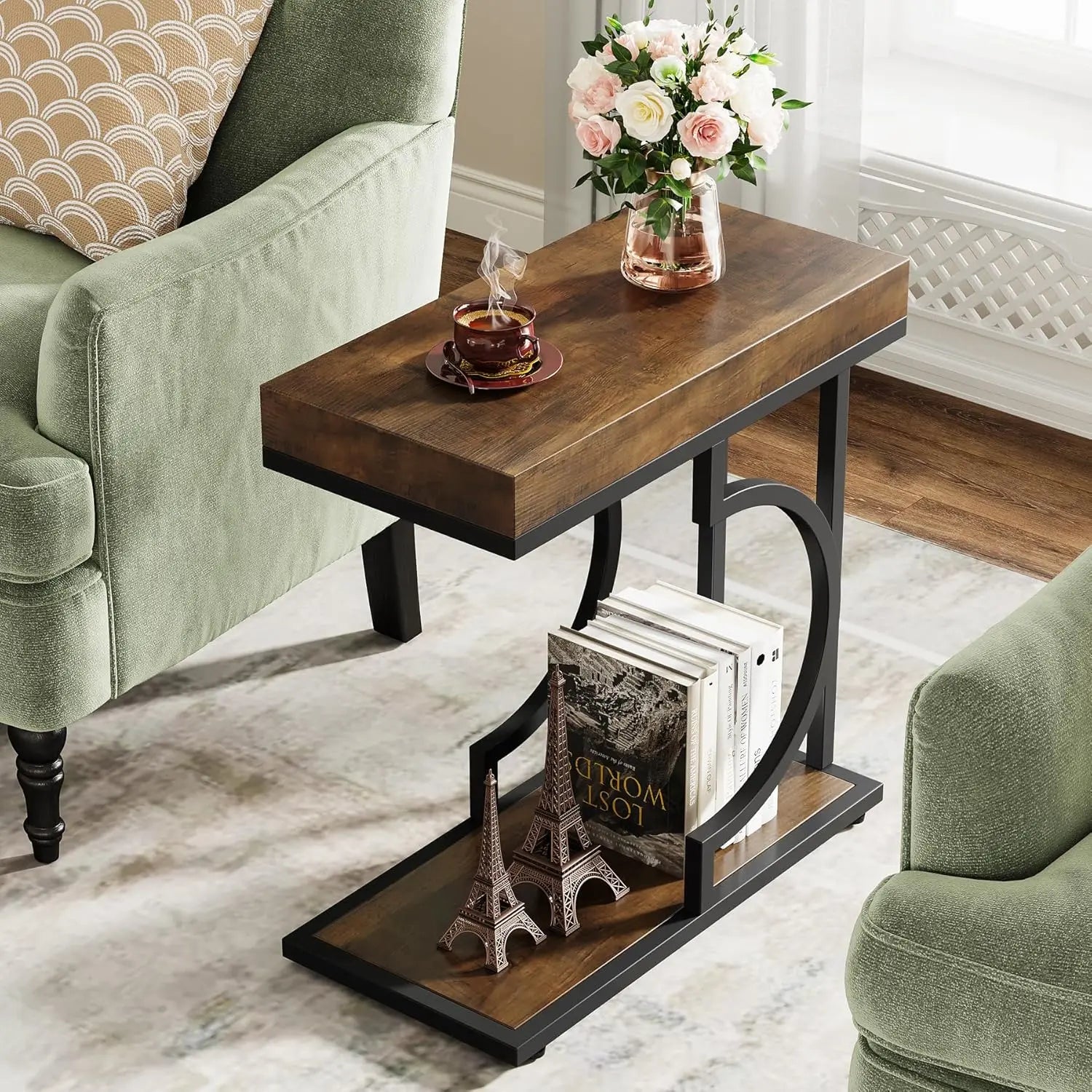C-Shaped Faux Marble End Table