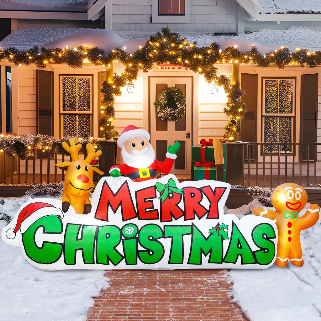 Merriglow 9.5-foot-wide Merry Christmas inflatable glowing in a holiday porch display.