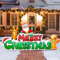 Merriglow 9.5-foot-wide Merry Christmas inflatable glowing in a holiday porch display.