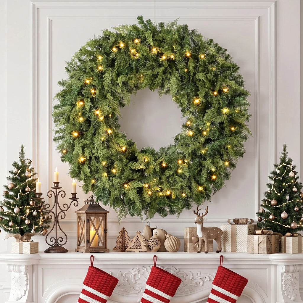 Cedarwick pre-lit Christmas wreath displayed above a holiday mantel