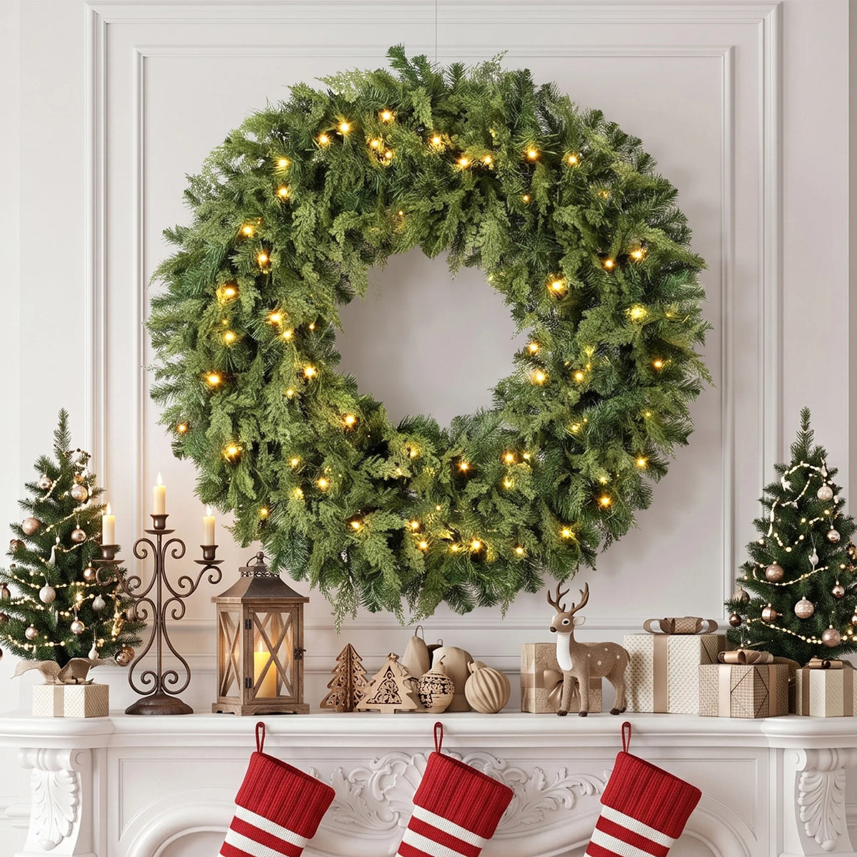 Cedarwick pre-lit Christmas wreath displayed above a holiday mantel