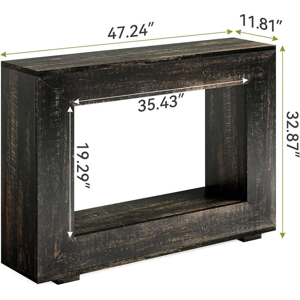 Wooden console table with dimensions labeled on a white background