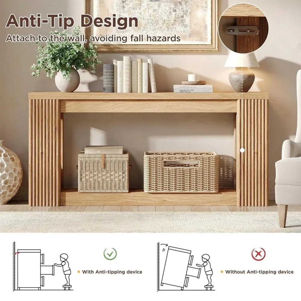 Alvienne Natural console showing wall attachment fixture in rear panel