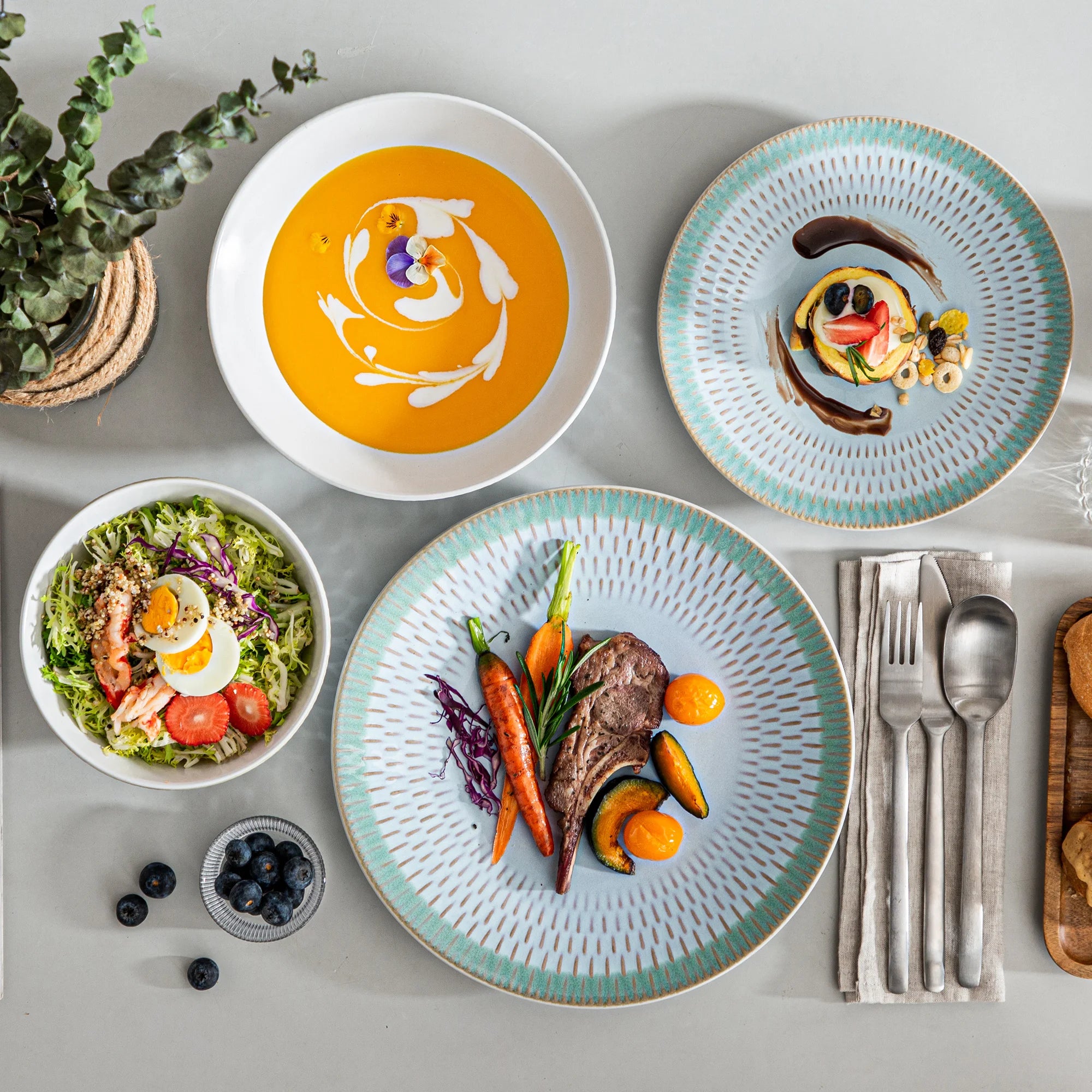 VANCASSO Pluvo Spring Series Stoneware Dinnerware Set – Green Trim, 16/32/48 Pieces