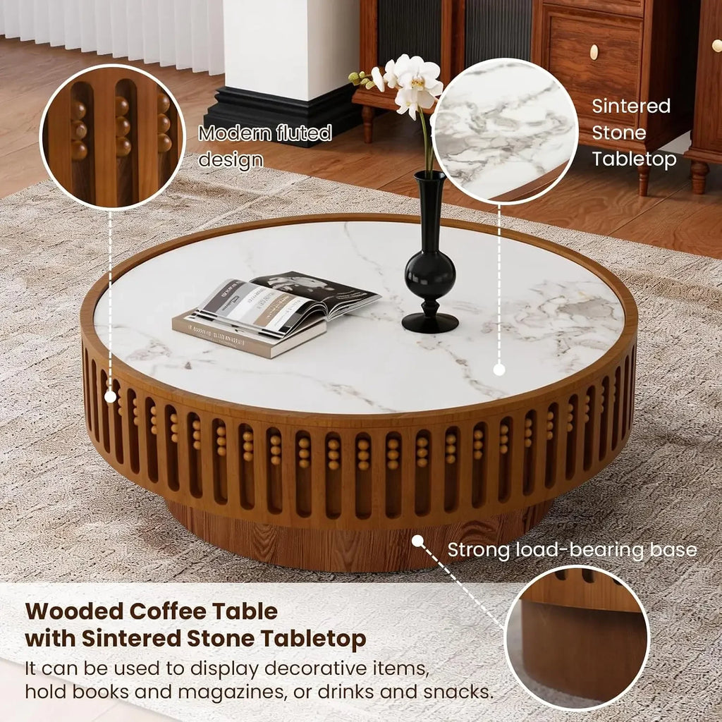 Orelia 35.4-inch table feature graphic identifying the sintered-stone top and recessed decorative base