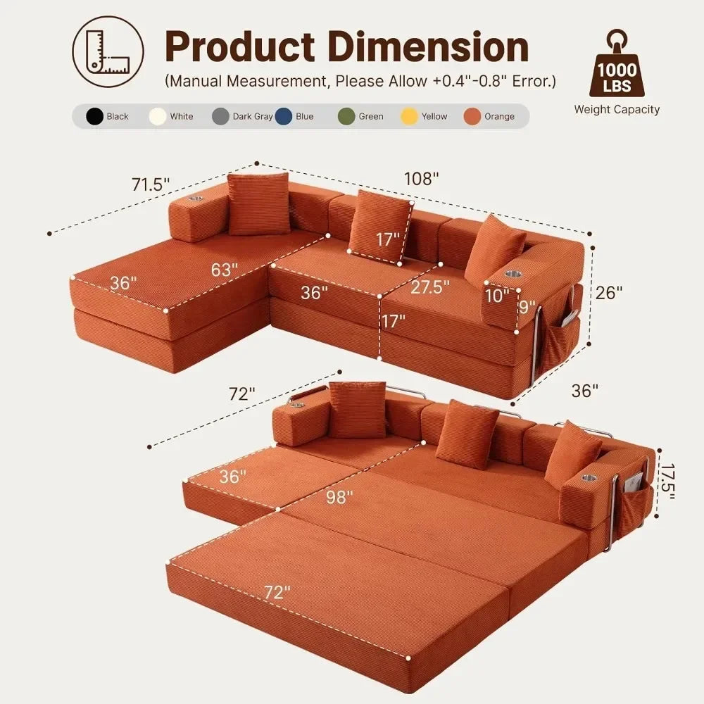 Sectional dimension diagram showing a 108-inch L-shaped arrangement and a 98 x 72-inch unfolded lounge